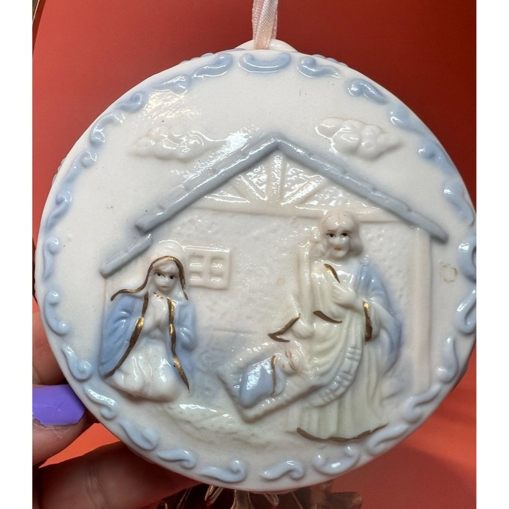 Autom Ceramic Nativity Scene Ornament Hanging Hand Painted Vintage Christmas